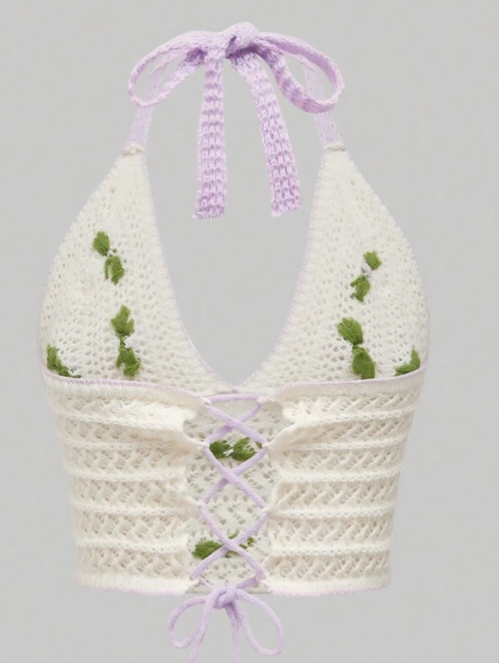 Kawaii Crochet Halter Crop Top with Lavender 3D Flowers, L(8-10) - Picture 2 of 13